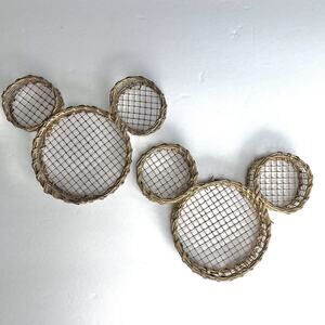Set of 2 Mouse Ear Wicker & Wire Baskets Mickey Inspired Wall Decor Storage Gold
